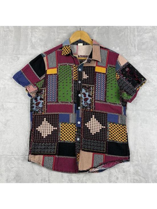 American Vintage Tops - Vintage Patchwork Abstract Casual Button Up Shirt Colorblock Festival Top Size M